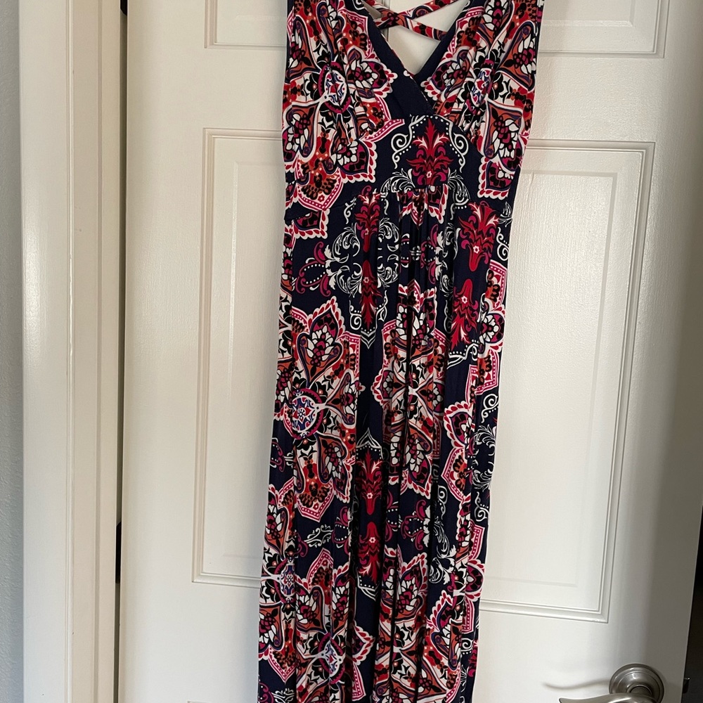 Blue, red, and white sleeveless maxi dress